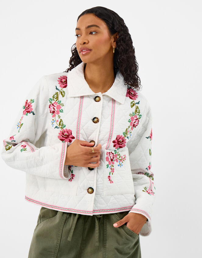Floral Embroidered Quilted Jacket, Ivory (IVORY), large