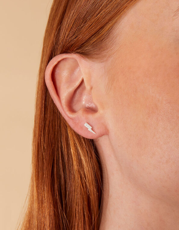Sterling Silver Crystal Lightning Bolt Earrings, , large