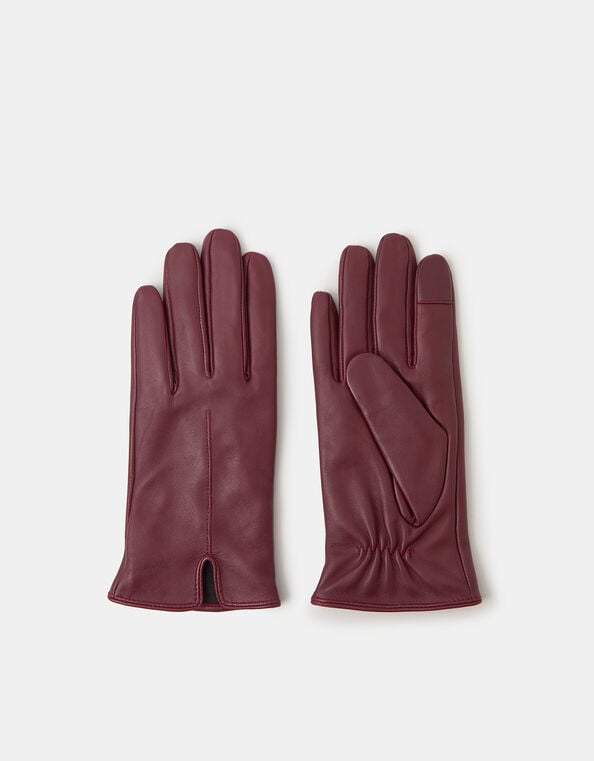 Fleece Lined Touchscreen Leather Gloves, Red (BURGUNDY), large