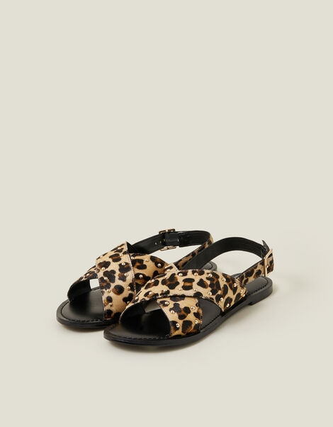 Leopard Print Cross Strap Leather Sandals, Leopard (LEOPARD), large