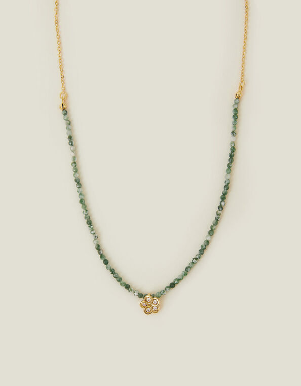 14ct Gold-Plated Flower Pendant Jade Bead Necklace, , large