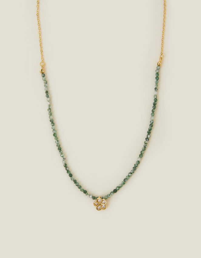 14ct Gold-Plated Flower Pendant Jade Bead Necklace, , large