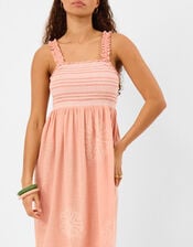 Floral Embroidered Smocked Midi Dress, Pink (PINK), large