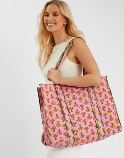 Floral Block Print Quilted Tote Bag, , large