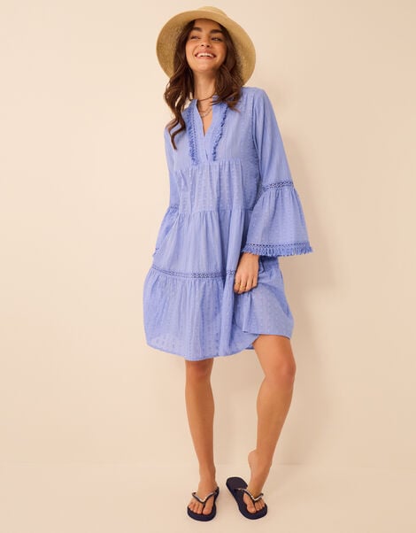 Flute Sleeve Dobby Beach Dress, Blue (BLUE), large