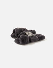 Beaded Fluffy Cross-Over Slippers, Grey (GREY), large
