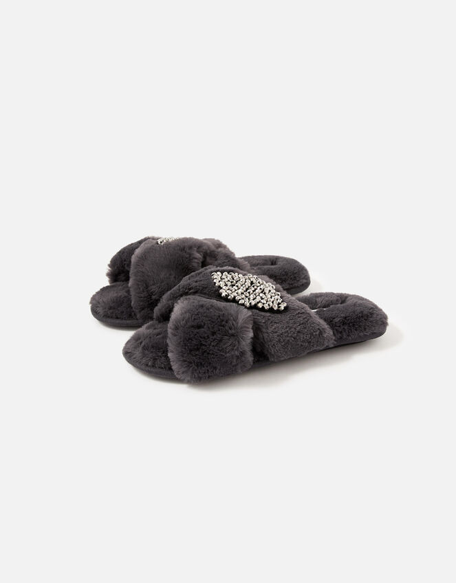 Beaded Fluffy Cross-Over Slippers, Grey (GREY), large