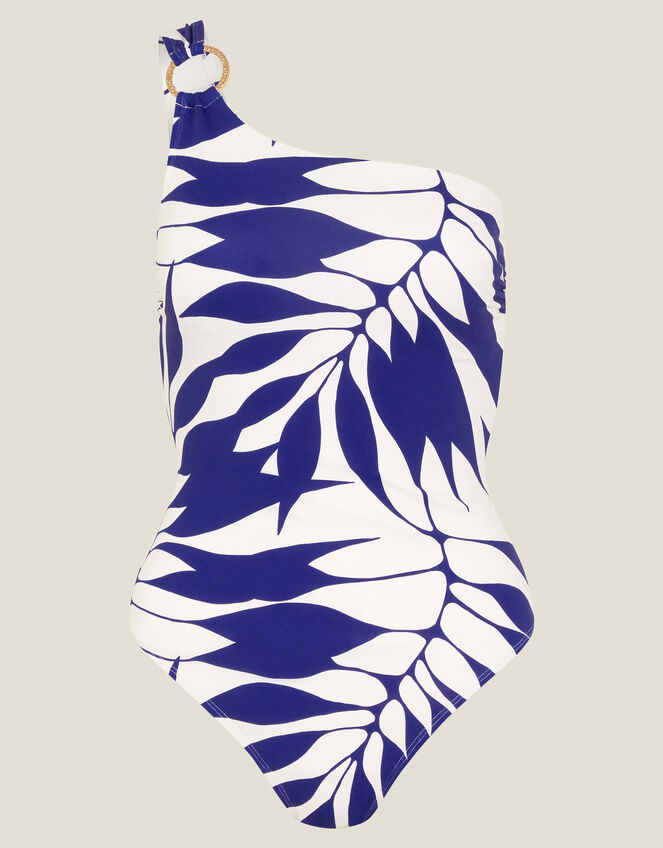 Palm Print One-Shoulder Swimsuit, Blue (BLUE), large