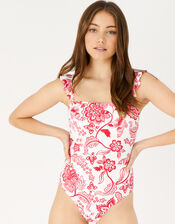 Floral Frill Shoulder Swimsuit, Red (RED), large