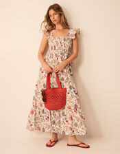 Floral Print Tiered Maxi Dress, Ivory (IVORY), large