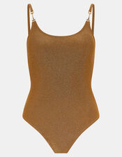 Metal Strap Shimmer Swimsuit, Gold (GOLD), large