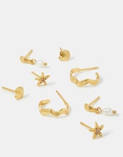 4-Pack 14ct Gold-Plated Shell Pearl Stud & Hoop Earrings, , large