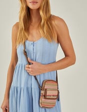 Stripe Raffia Cross-Body Phone Bag, , large