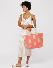 Metallic Pineapple Print Tote Bag, Orange (CORAL), large