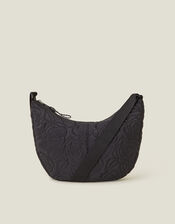 Large Floral Quilted Sling Bag, Black (BLACK), large