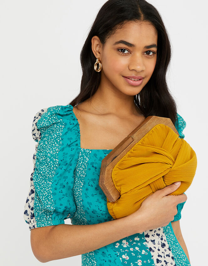 Brooke Pleated Clutch Bag with Wooden Frame, Yellow (YELLOW), large