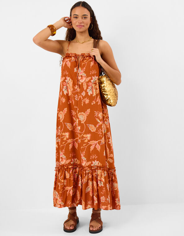 Sleeveless Floral Shimmer Maxi Dress, Orange (RUST), large