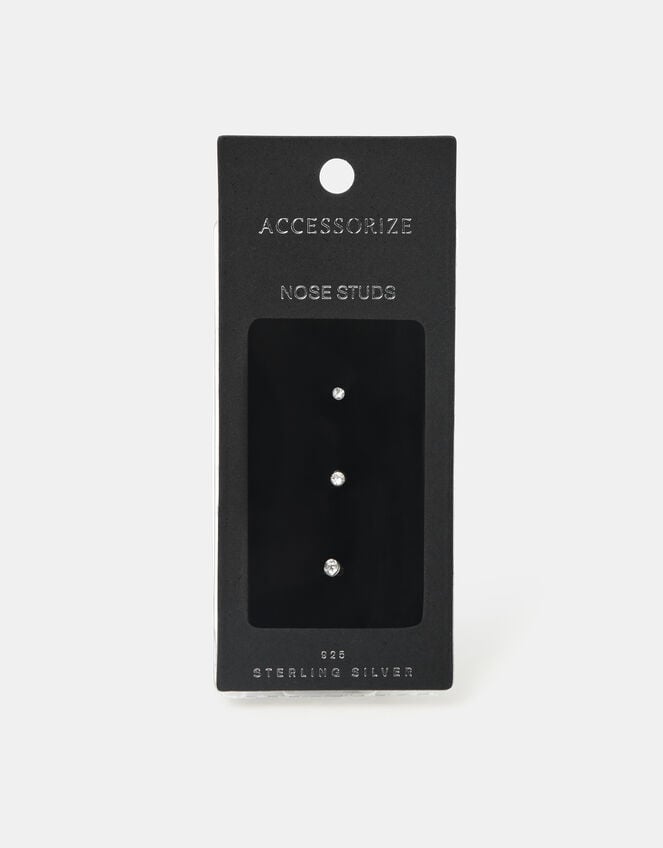 3-Pack Sterling Silver Diamanté Nose Studs, , large