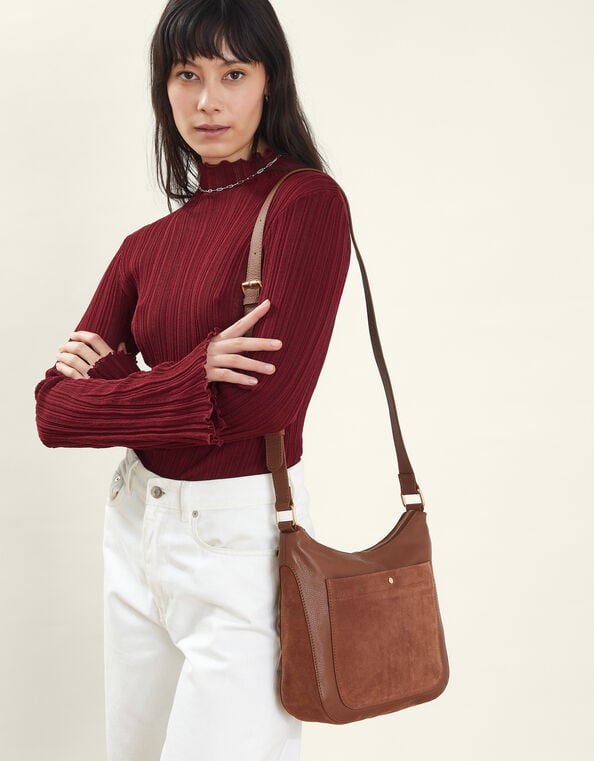 Leather Messenger Cross-Body Bag, Tan (TAN), large