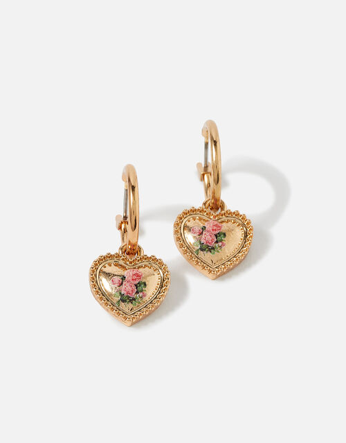 Romantic Ramble Rose Print Heart Earrings, Pink (PINK), large