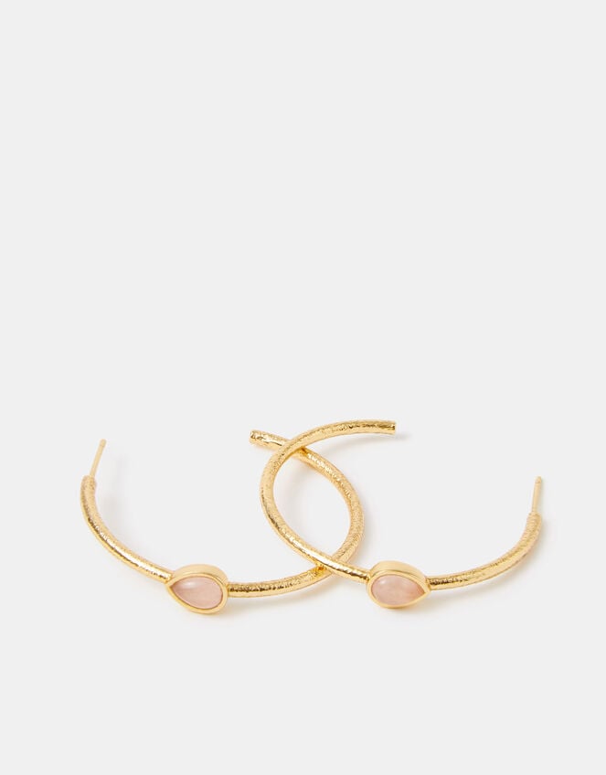 14ct Gold-Plated Rose Quartz Teardrop Hoop Earrings, , large