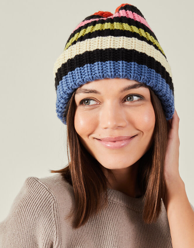 Colourful Stripe Knit Beanie Hat, , large