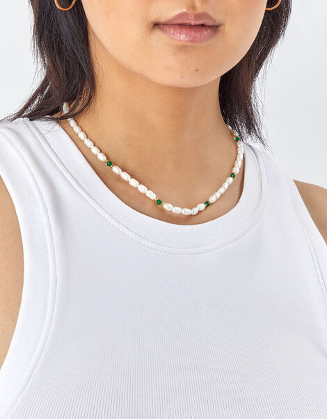 14ct Gold-Plated Pearl and Aventurine Beaded Necklace, , large