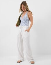 Floral Print Cross-Back Plunge Swimsuit, Blue (BLUE), large