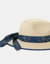 Paisley Bandana Straw Fedora Hat, , large