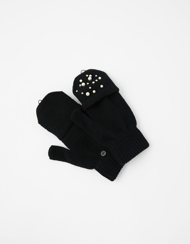 Pearl and Crystal Capped Knit Gloves, Black (BLACK), large