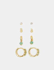 4-Pack 14ct Gold-Plated Aventurine Stone Stud & Hoop Earrings, , large