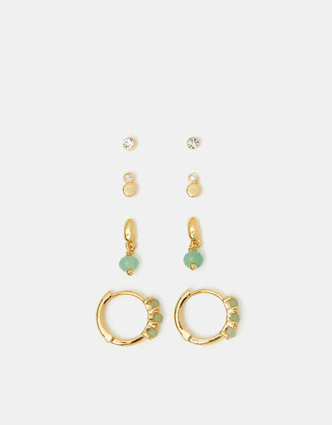4-Pack 14ct Gold-Plated Aventurine Stone Stud & Hoop Earrings, , large