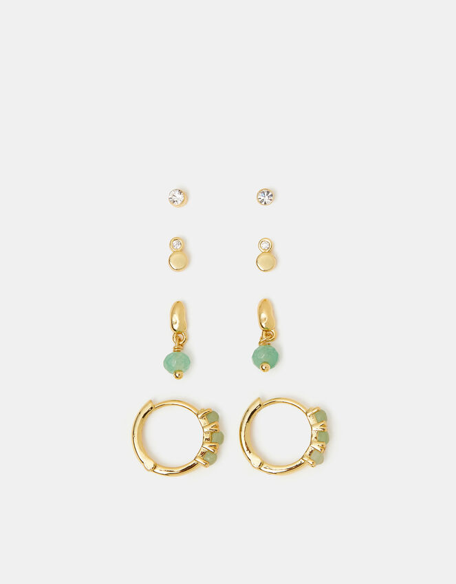 4-Pack 14ct Gold-Plated Aventurine Stone Stud & Hoop Earrings, , large