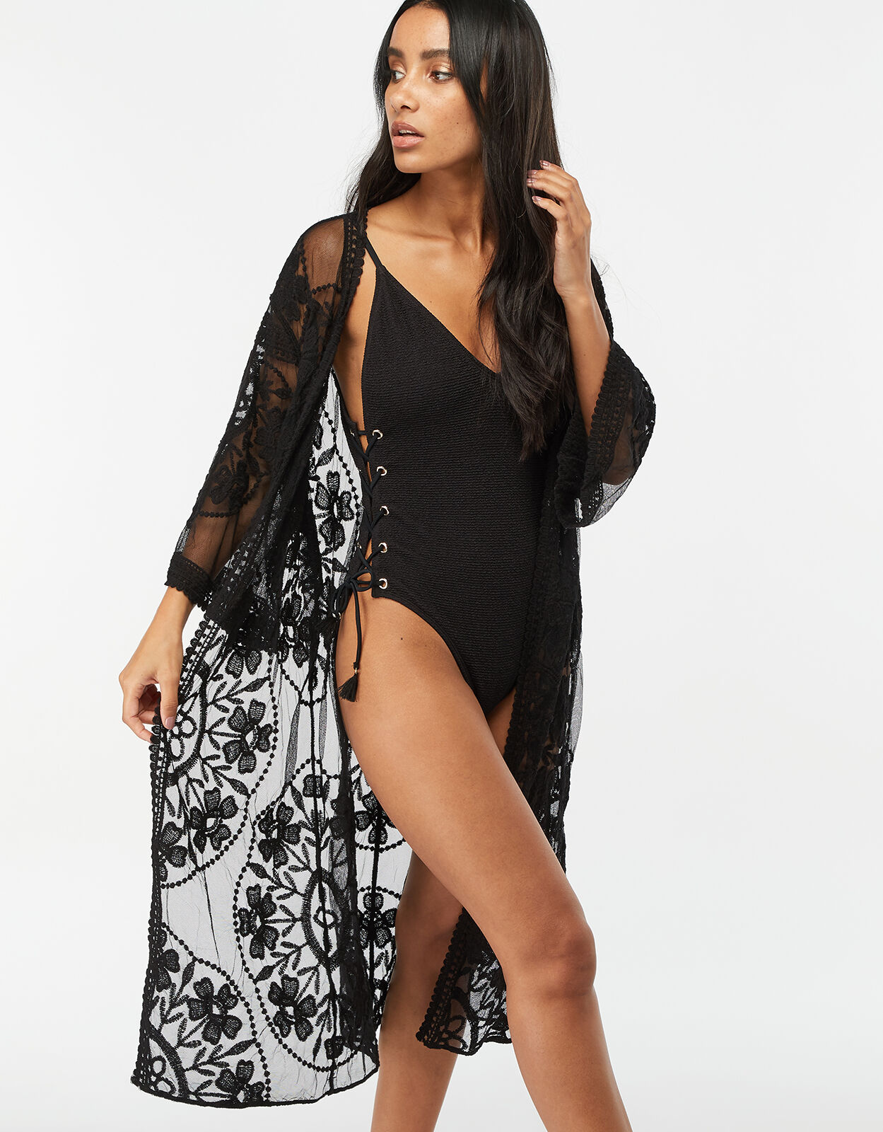 Long black lace beach cover up Clearance