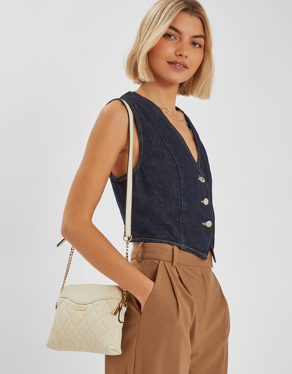 Quilted Faux Leather Cross-Body Bag, Cream (CREAM), large
