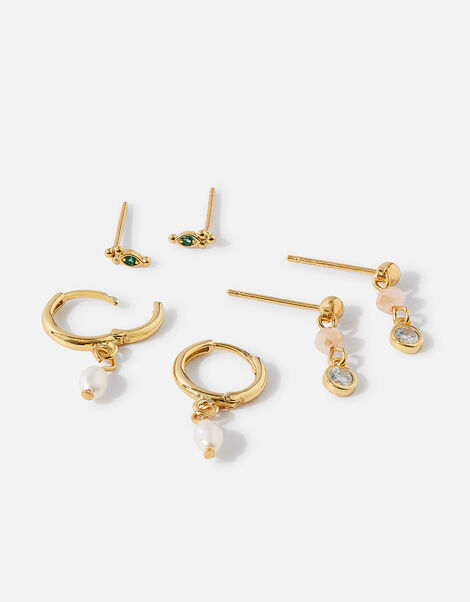 Gold-Plated Gem Earrings Set of Three, , large