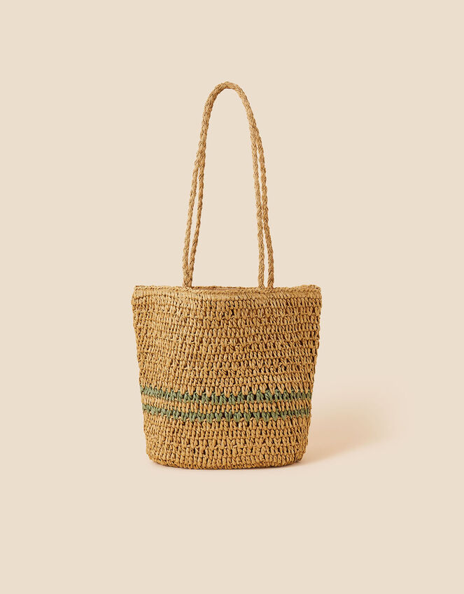 Stripe Raffia Shoulder Bag, , large