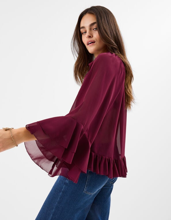 Ruffle Chiffon Blouse, Red (BURGUNDY), large