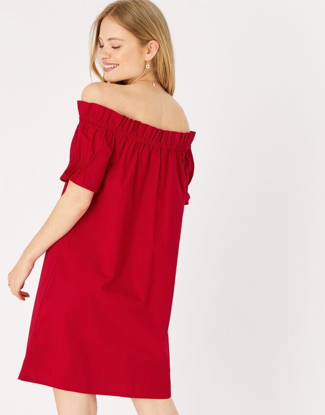 Poplin Frill Bardot Dress , Red (RED), large