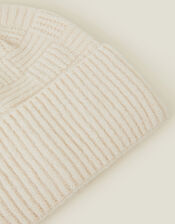 Knitted Rib Check Beanie Hat, Natural (NATURAL), large