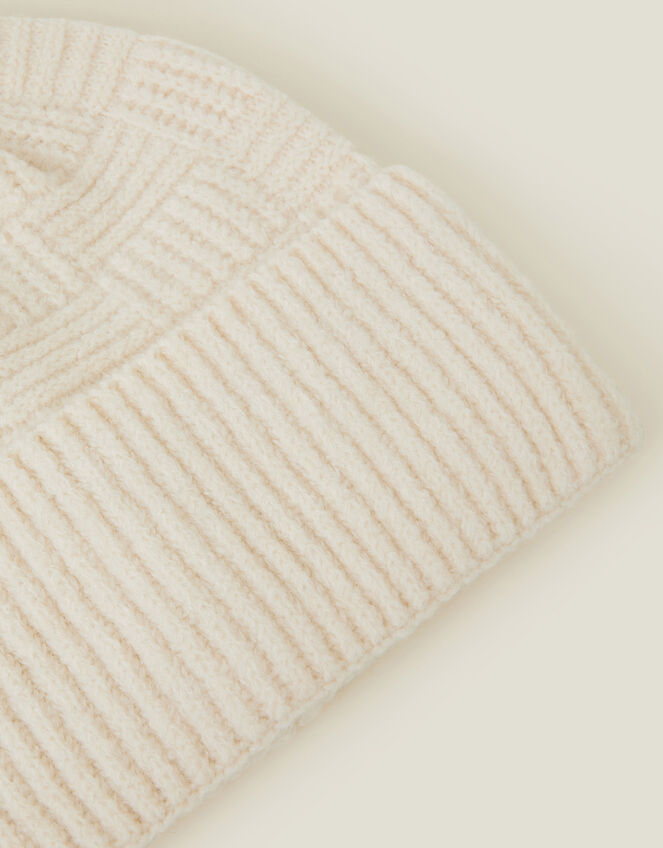 Knitted Rib Check Beanie Hat, Natural (NATURAL), large