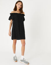 Schiffli Bardot Dress, Black (BLACK), large