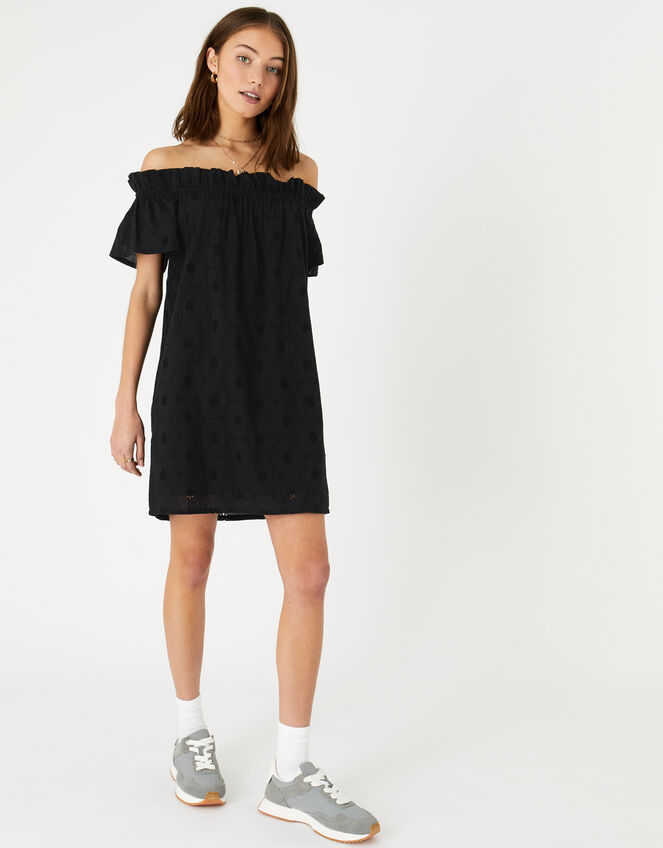 Schiffli Bardot Dress, Black (BLACK), large