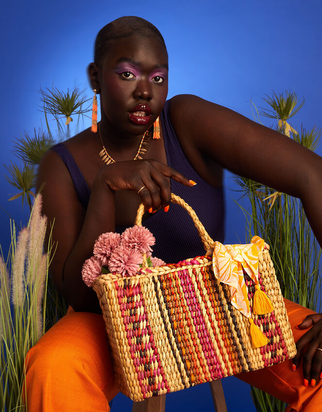 Stripe Straw Basket Bag, , large