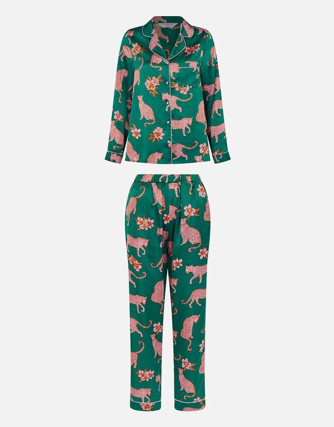 Leopard Printed Satin Pyjama Set, Teal (TEAL), large