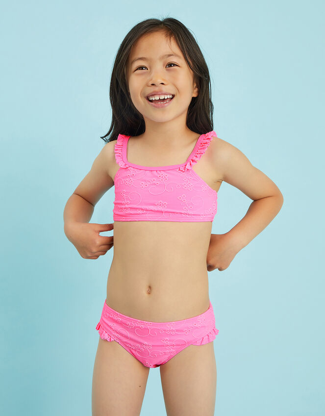 Girls Ruffle Broderie Bikini Set, Pink (PALE PINK), large
