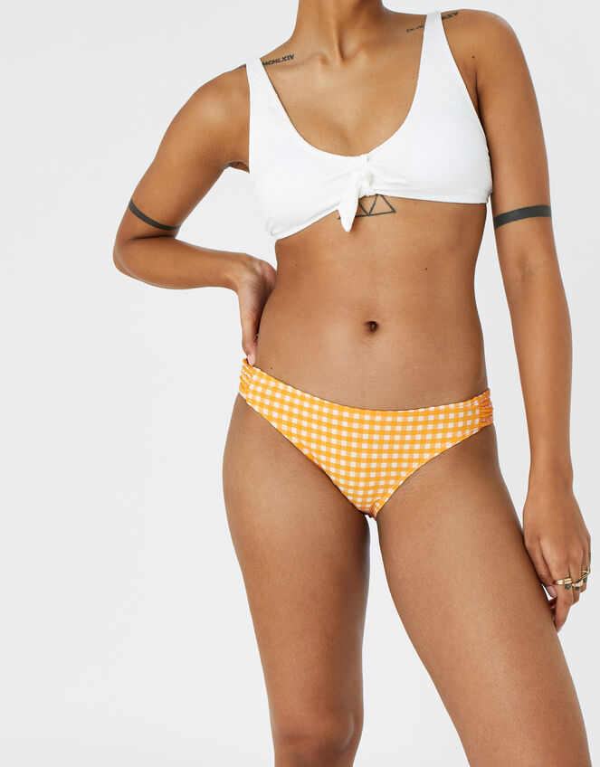Gingham Ruched Bikini Brief, Orange (ORANGE), large