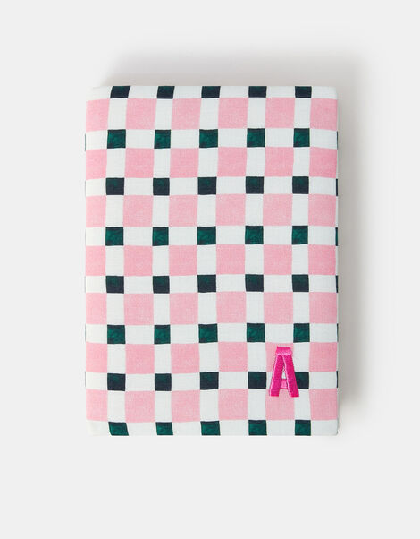 Checkerboard Embroidered Initial Notebook, Pink (PINK), large