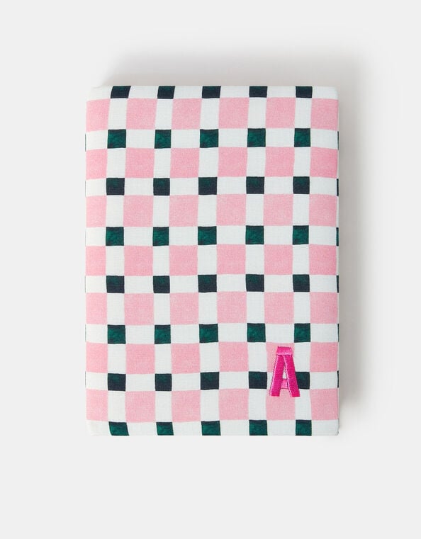 Checkerboard Embroidered Initial Notebook, Pink (PINK), large