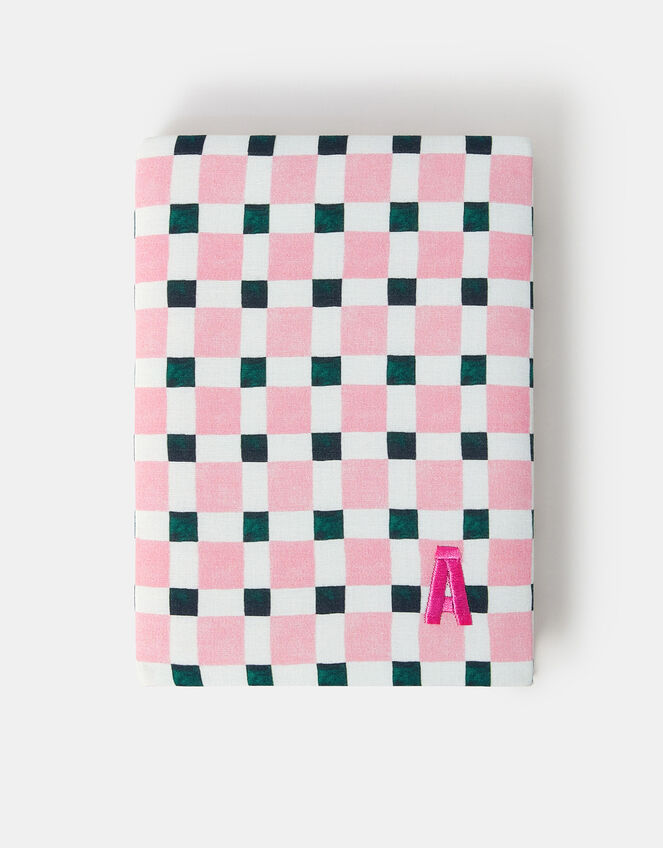Checkerboard Embroidered Initial Notebook, Pink (PINK), large